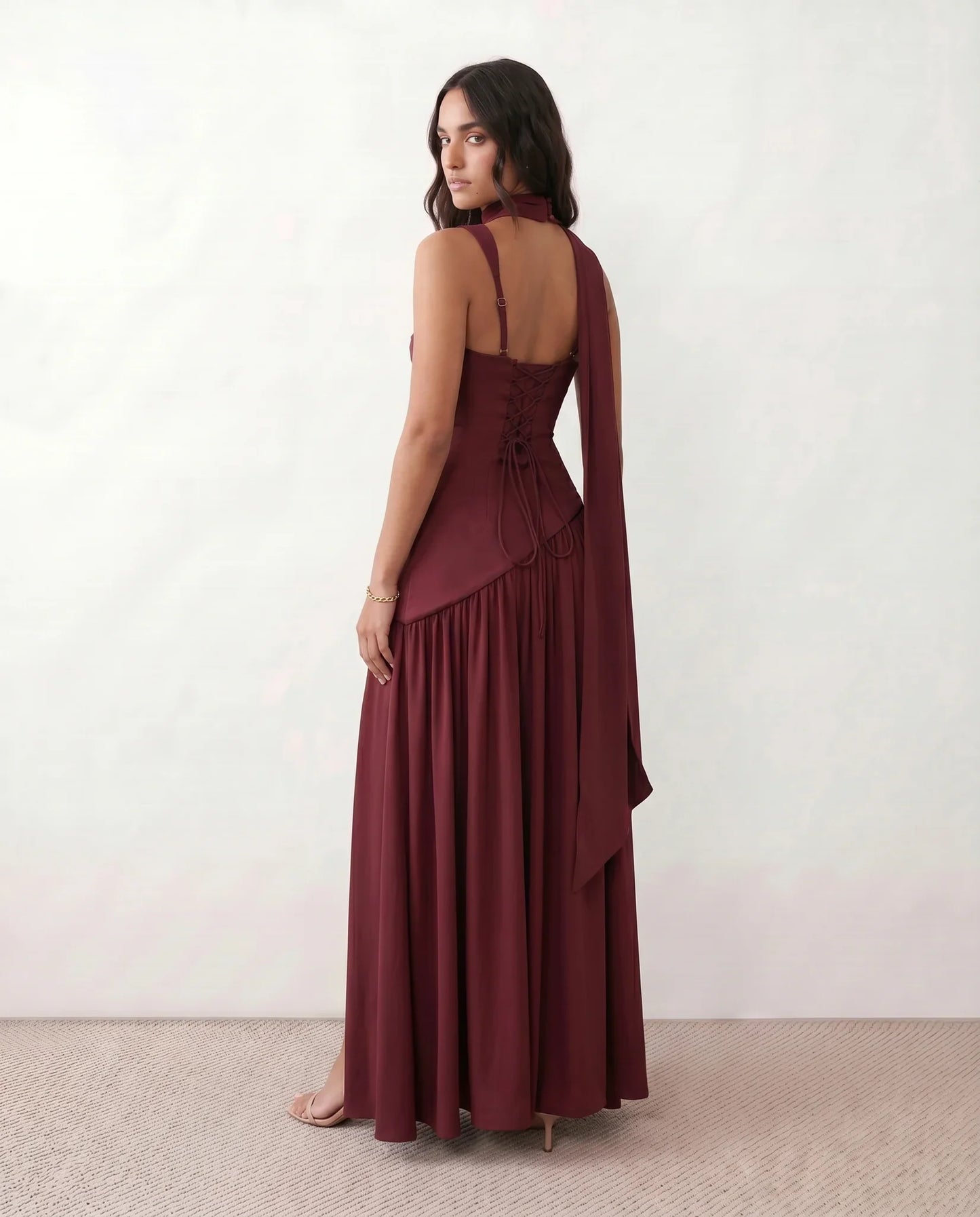 Flawless and Company Basque Waist Lace-Up Maxi Dress