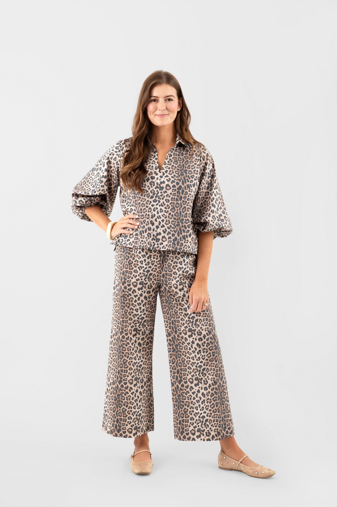 Flawless and Company Cotton Poplin Relaxed Top — Khaki Leopard