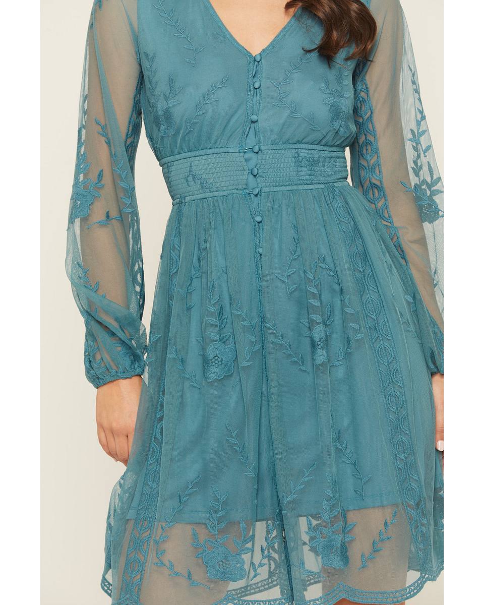 Flawless and Company Embroidered Mesh Button Front Mini Dress