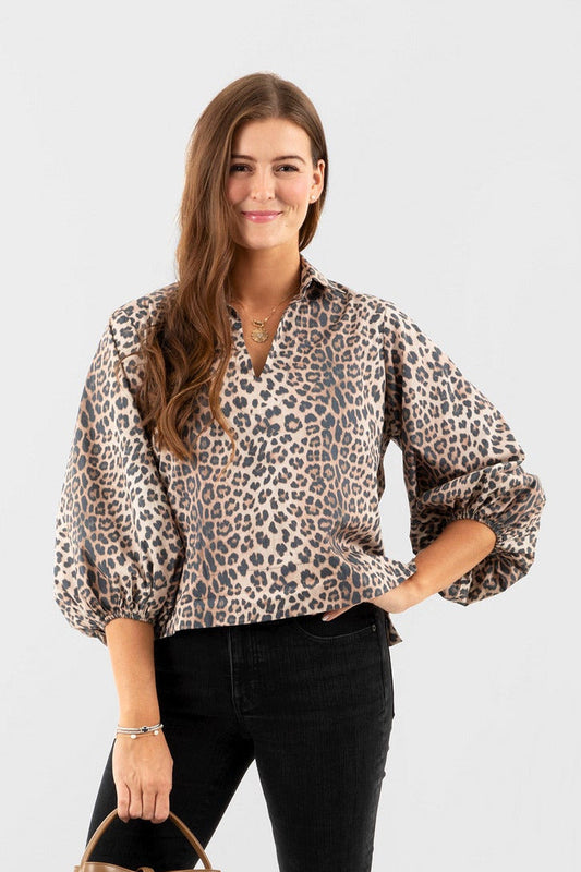 Flawless and Company Cotton Poplin Relaxed Top — Khaki Leopard
