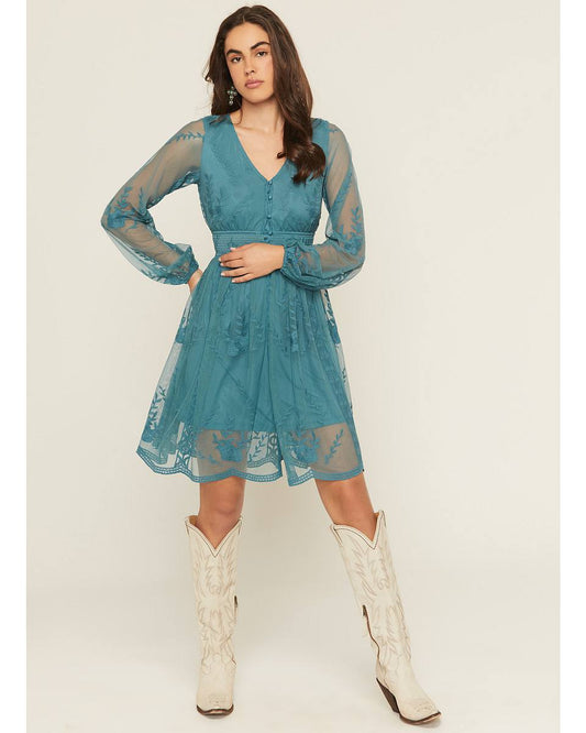 Flawless and Company Embroidered Mesh Button Front Mini Dress