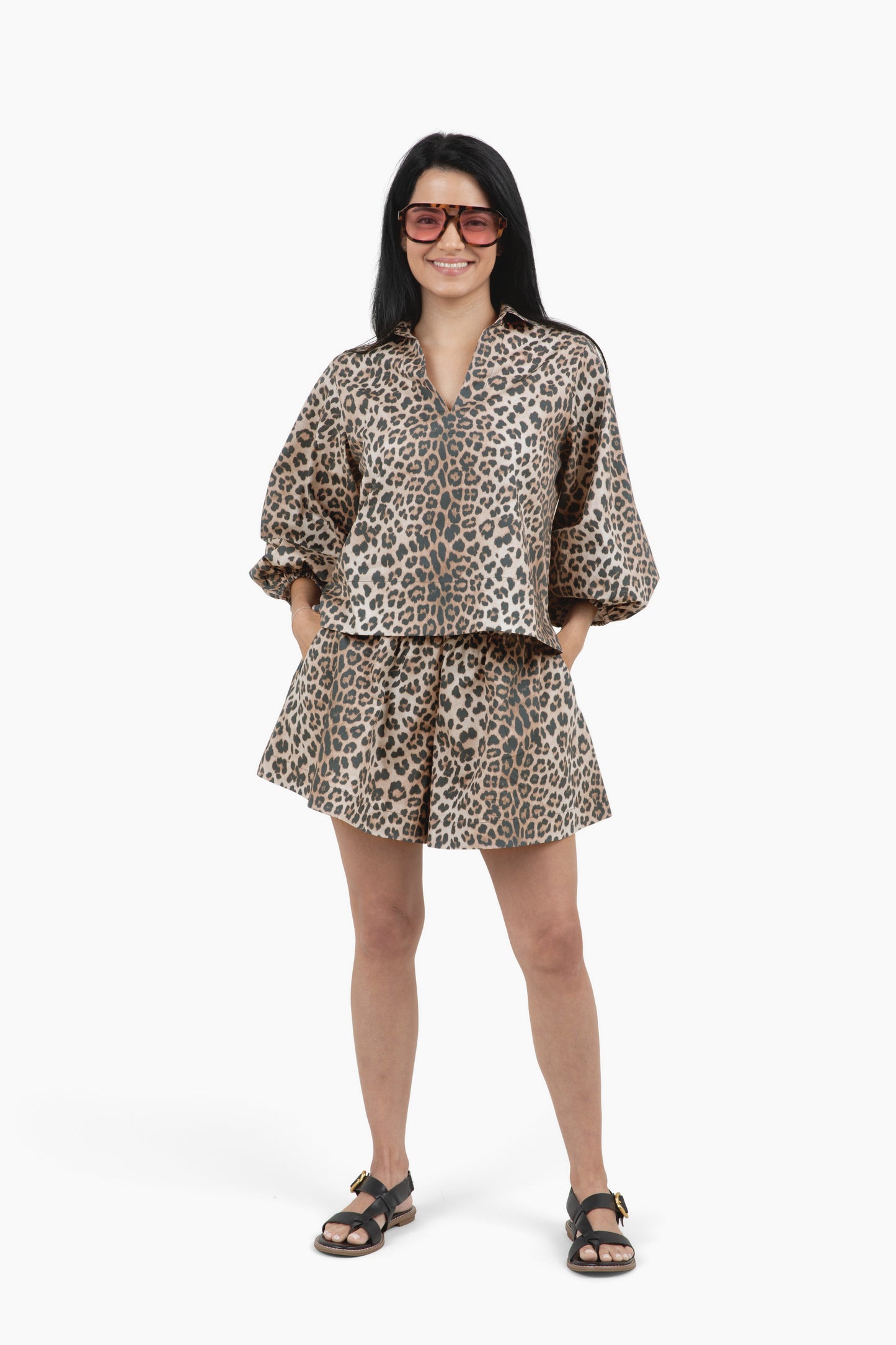 Flawless and Company Cotton Poplin Relaxed Top — Khaki Leopard