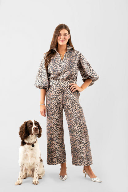 Flawless and Company Cotton Poplin Relaxed Top — Khaki Leopard