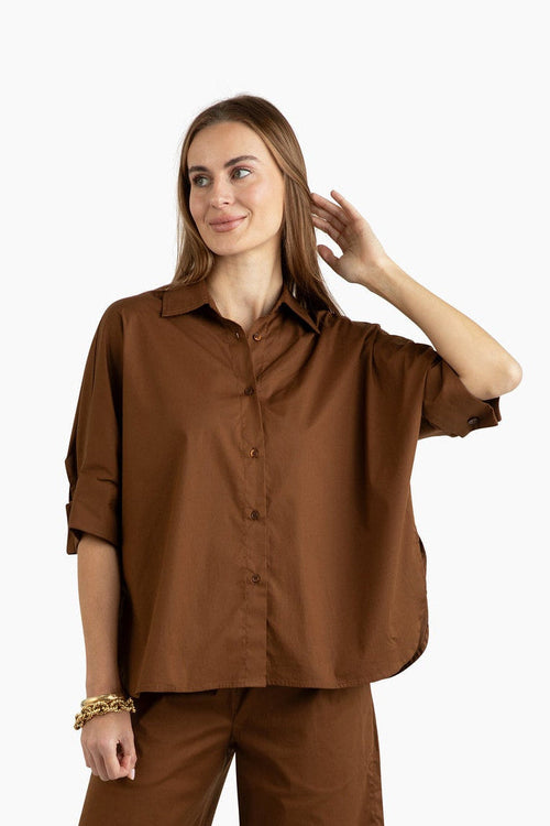 Flawless and Company Cotton Poplin Button-Up Top — Tudor Brown